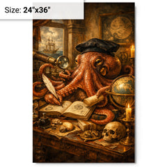 Octopus natural philosopher in Dutch golden age study metal print on a plain backdrop in size 24"x36".