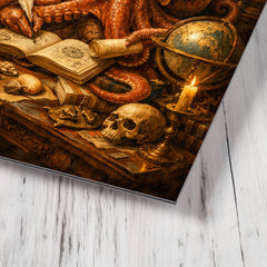 Octopus natural philosopher in Dutch golden age study metal print mockup
