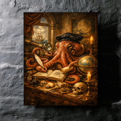 Octopus natural philosopher in Dutch golden age study metal print mockup