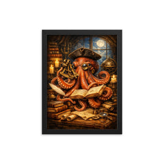 Octopus natural philosopher with books and sextant framed print on a plain backdrop in size 12"x16".