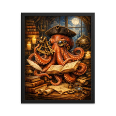 Octopus natural philosopher with books and sextant framed print on a plain backdrop in size 16"x20".