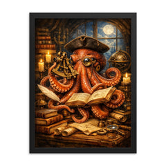Octopus natural philosopher with books and sextant framed print on a plain backdrop in size 18"x24".