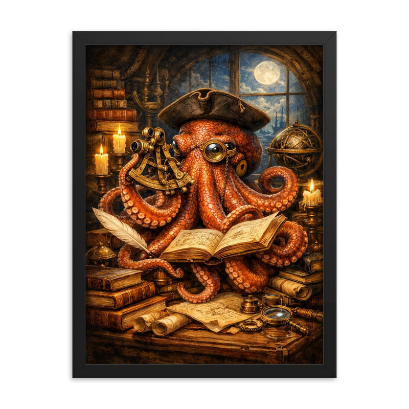 Octopus natural philosopher with books and sextant framed print on a plain backdrop in size 18