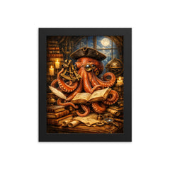 Octopus natural philosopher with books and sextant framed print on a plain backdrop in size 8"x10".
