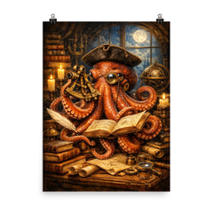 Octopus natural philosopher with books and sextant poster on a plain backdrop in size 8"x10".