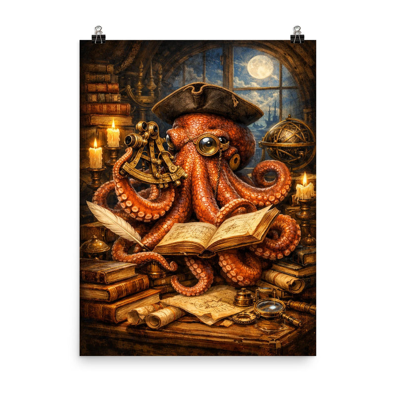 Octopus natural philosopher with books and sextant poster on a plain backdrop in size 8
