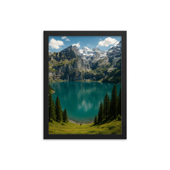 Oeschinen Lake Switzerland framed print on a plain backdrop in size 12"x16".