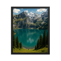 Oeschinen Lake Switzerland framed print on a plain backdrop in size 16"x20".