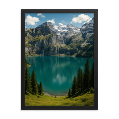 Oeschinen Lake Switzerland framed print on a plain backdrop in size 18"x24".