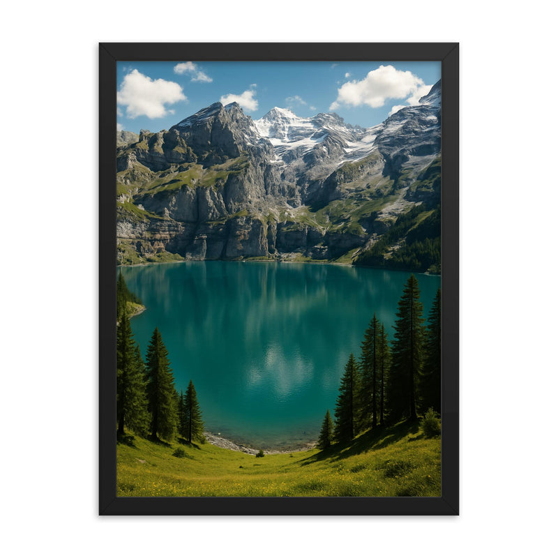 Oeschinen Lake Switzerland framed print on a plain backdrop in size 18