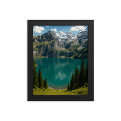 Oeschinen Lake Switzerland framed print on a plain backdrop in size 8"x10".