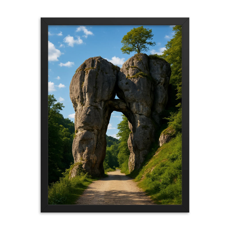Ojcow Rock Gate Krakow Gate Poland framed print on a plain backdrop in size 18