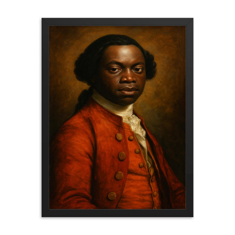 Olaudah Equiano framed print on a plain backdrop in size 18