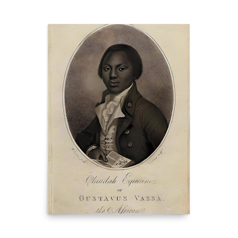 Olaudah Equiano poster on a plain backdrop in size 18