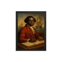 Olaudah Equiano with maritime ledgers framed print on a plain backdrop in size 12"x16".