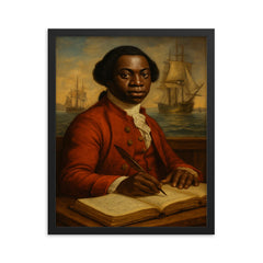 Olaudah Equiano with maritime ledgers framed print on a plain backdrop in size 16"x20".
