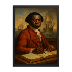Olaudah Equiano with maritime ledgers framed print on a plain backdrop in size 18"x24".