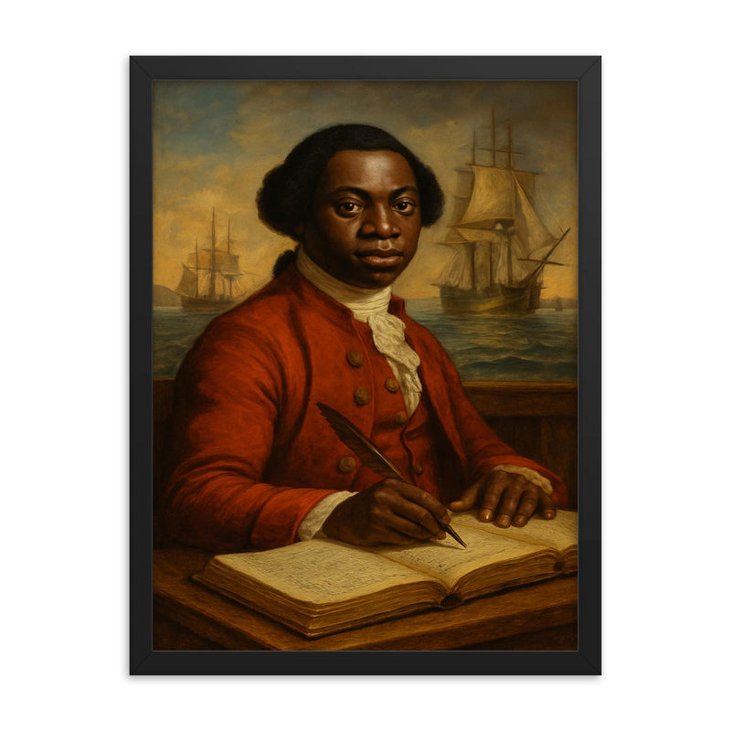 Olaudah Equiano with maritime ledgers framed print on a plain backdrop in size 18