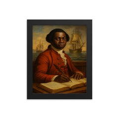 Olaudah Equiano with maritime ledgers framed print on a plain backdrop in size 8"x10".