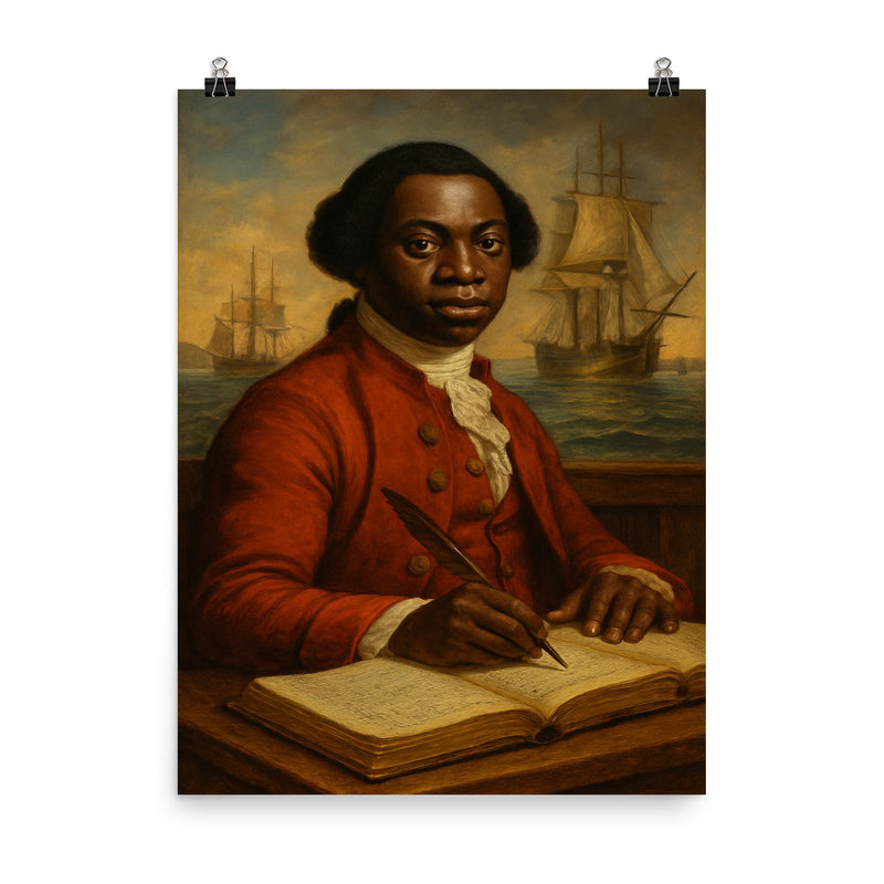 Olaudah Equiano with maritime ledgers poster on a plain backdrop in size 8