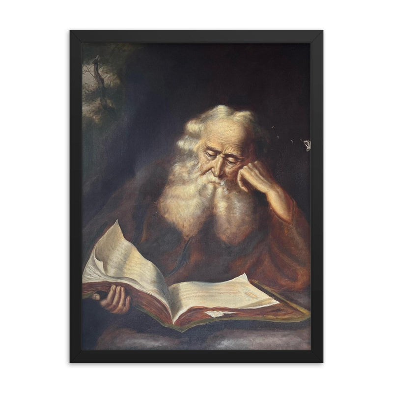 Old Man Reading a Book by Joseph Malachy Kavanagh framed print on a plain backdrop in size 18