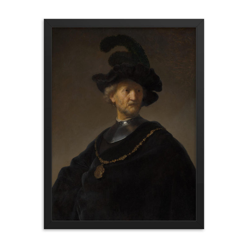 Old Man with a Gold Chain by Rembrandt van Rijn, 1631 framed print on a plain backdrop in size 18