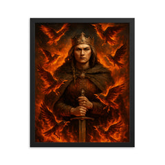 Olga of Kyiv among burning tribute birds framed print on a plain backdrop in size 16"x20".
