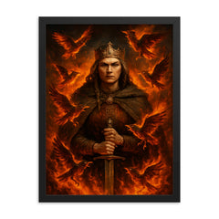 Olga of Kyiv among burning tribute birds framed print on a plain backdrop in size 18"x24".