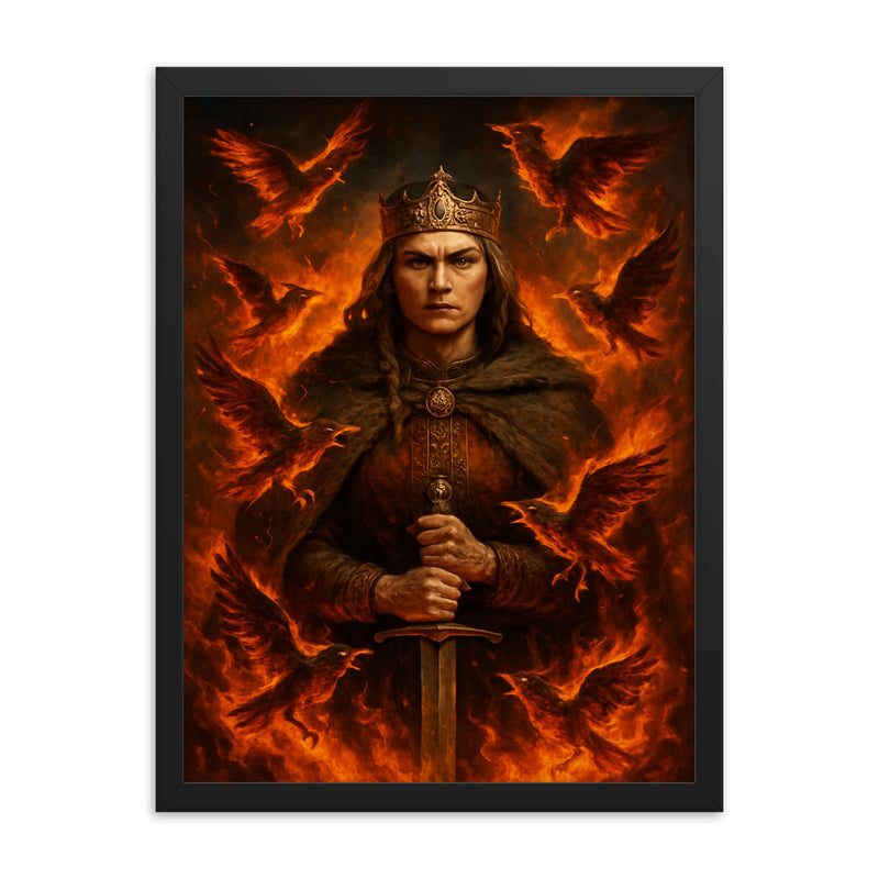 Olga of Kyiv among burning tribute birds framed print on a plain backdrop in size 18