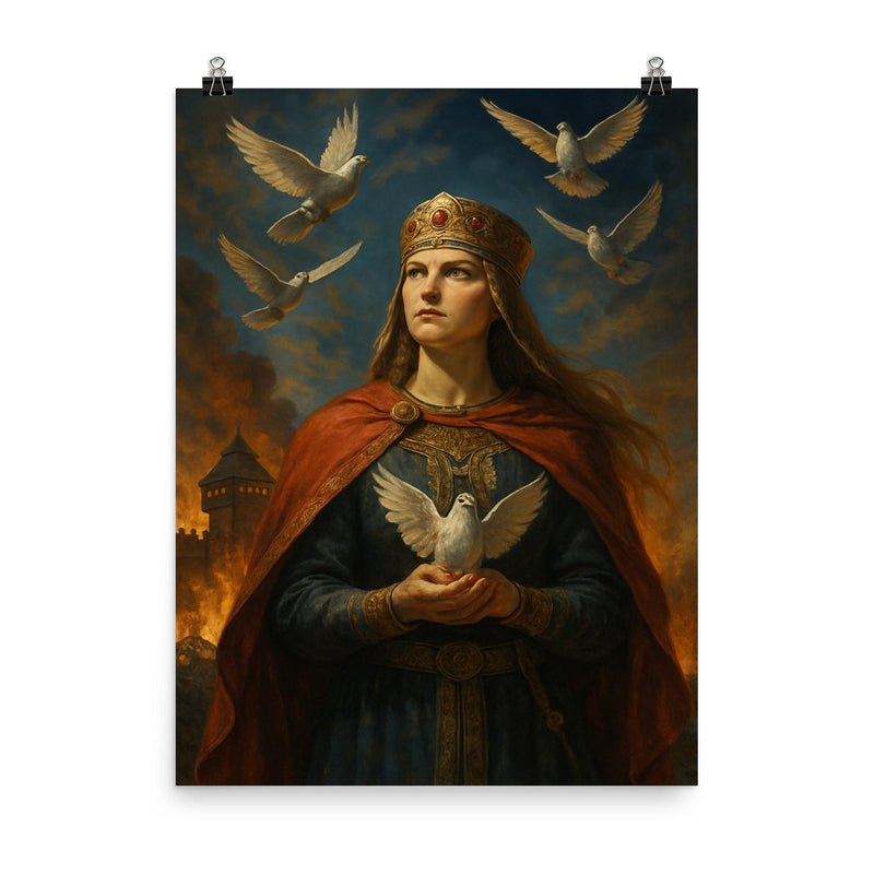 Olga of Kyiv before burning Iskorosten pigeons released poster on a plain backdrop in size 8