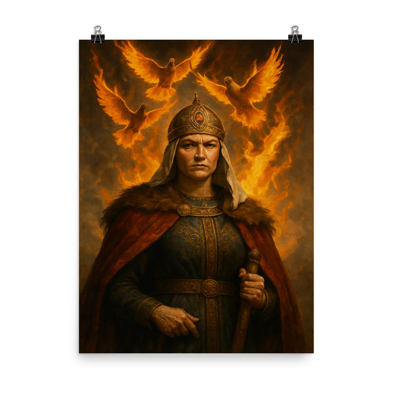 Olga of Kyiv before flaming tribute pigeons poster on a plain backdrop in size 8