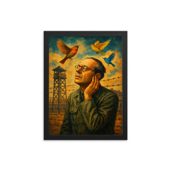 Olivier Messiaen hearing birds in prison camp framed print on a plain backdrop in size 12"x16".