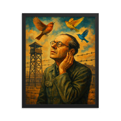 Olivier Messiaen hearing birds in prison camp framed print on a plain backdrop in size 16"x20".