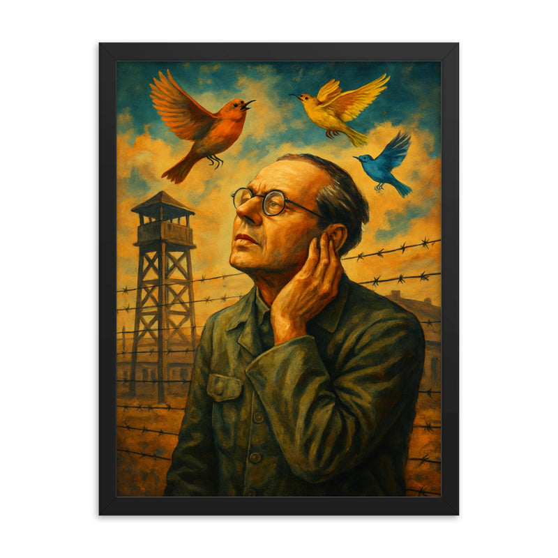 Olivier Messiaen hearing birds in prison camp framed print on a plain backdrop in size 18
