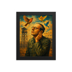 Olivier Messiaen hearing birds in prison camp framed print on a plain backdrop in size 8"x10".