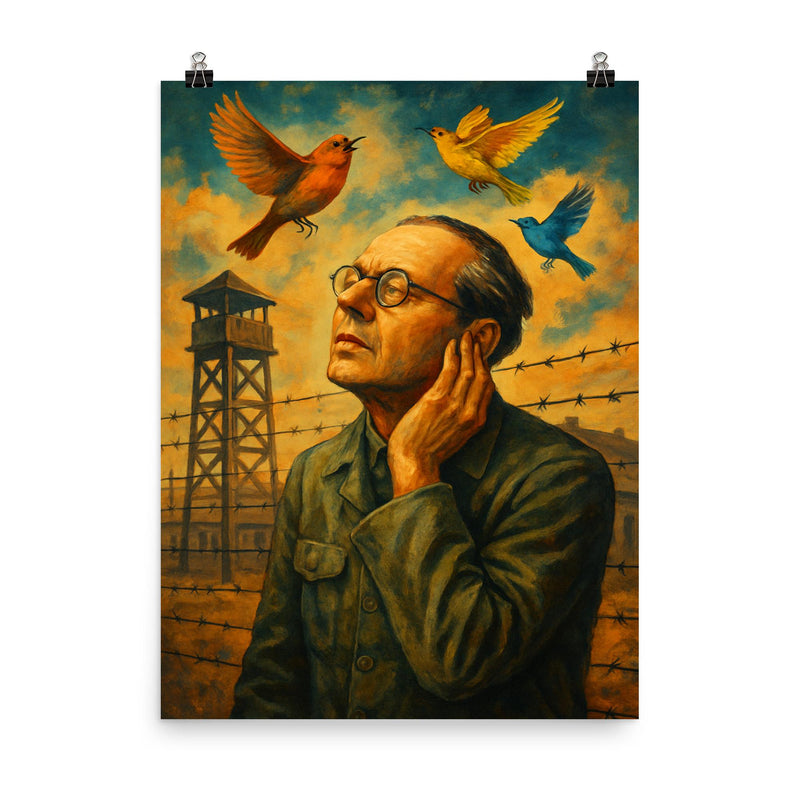 Olivier Messiaen hearing birds in prison camp poster on a plain backdrop in size 8