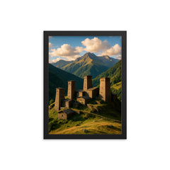 Omalo Towers Tusheti Georgia framed print on a plain backdrop in size 12"x16".