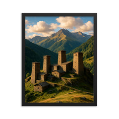 Omalo Towers Tusheti Georgia framed print on a plain backdrop in size 16"x20".