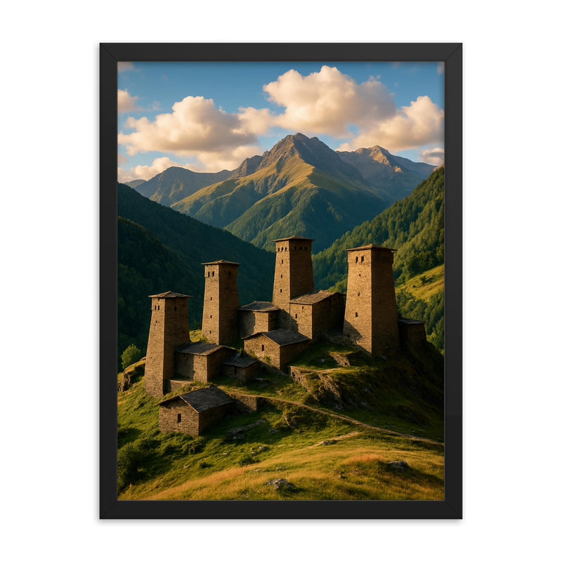 Omalo Towers Tusheti Georgia framed print on a plain backdrop in size 18