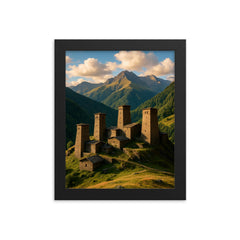 Omalo Towers Tusheti Georgia framed print on a plain backdrop in size 8"x10".