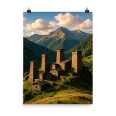 Omalo Towers Tusheti Georgia poster on a plain backdrop in size 8"x10".