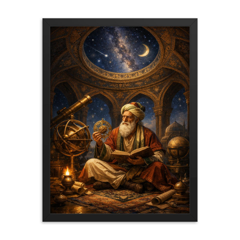 Omar Khayyam under celestial observatory dome framed print on a plain backdrop in size 18