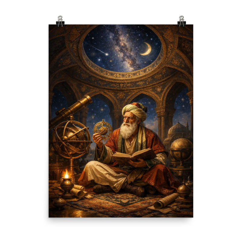 Omar Khayyam under celestial observatory dome poster on a plain backdrop in size 8