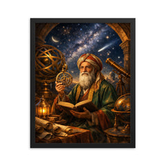 Omar Khayyam under celestial observatory instruments framed print on a plain backdrop in size 16"x20".