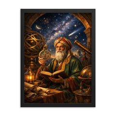 Omar Khayyam under celestial observatory instruments framed print on a plain backdrop in size 18"x24".