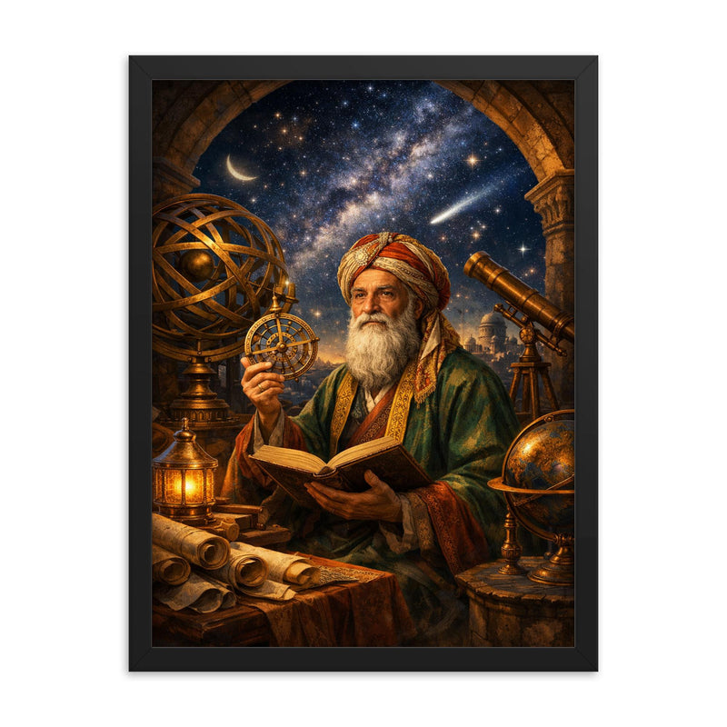 Omar Khayyam under celestial observatory instruments framed print on a plain backdrop in size 18