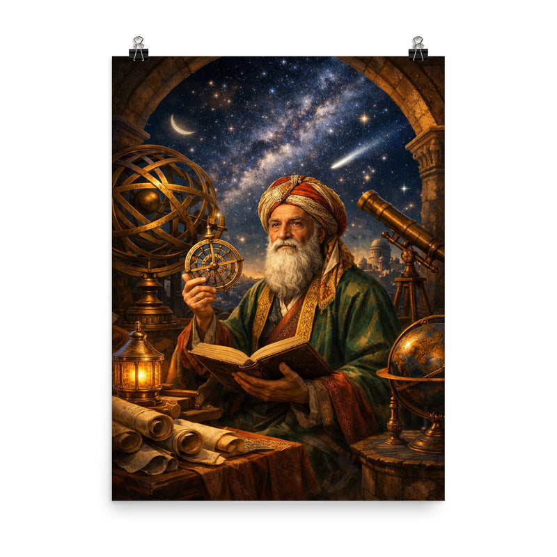 Omar Khayyam under celestial observatory instruments poster on a plain backdrop in size 8