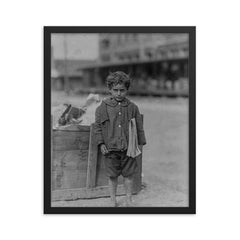 One of America’s Youngest Newsboys, Tampa, Florida, 1913 framed print on a plain backdrop in size 16"x20".