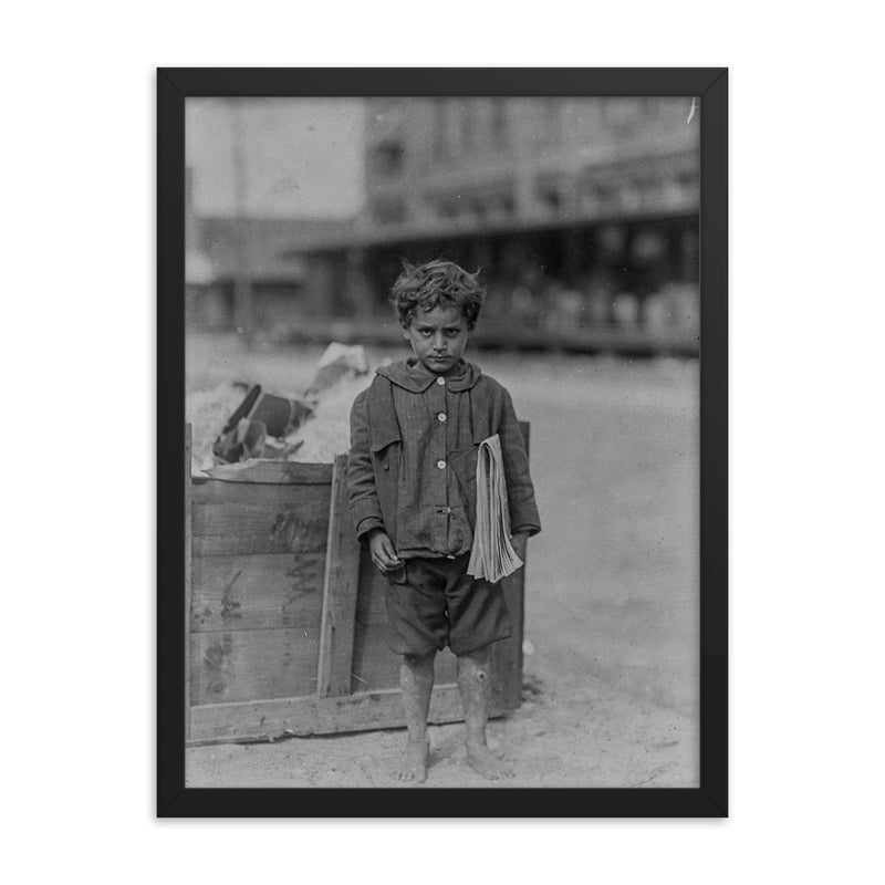 One of America’s Youngest Newsboys, Tampa, Florida, 1913 framed print on a plain backdrop in size 18