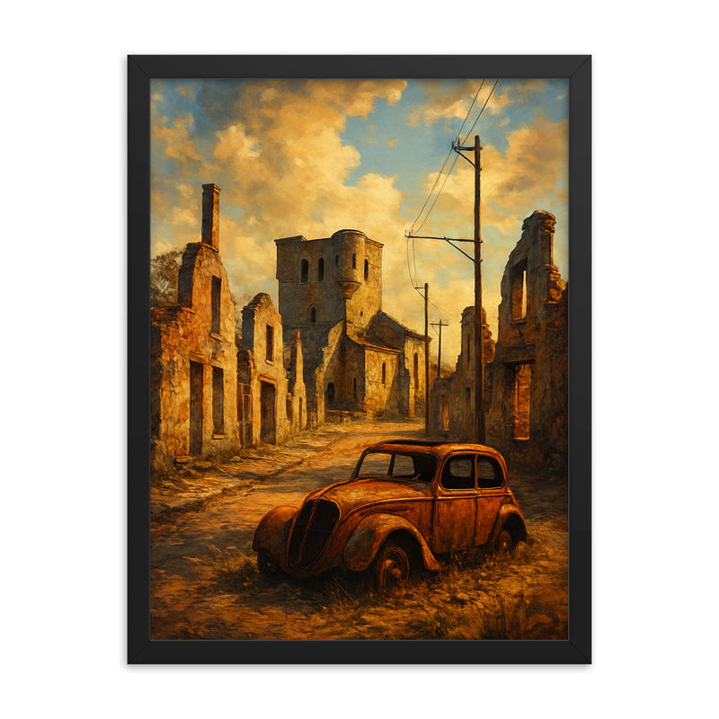 Oradour sur Glane France framed print on a plain backdrop in size 18